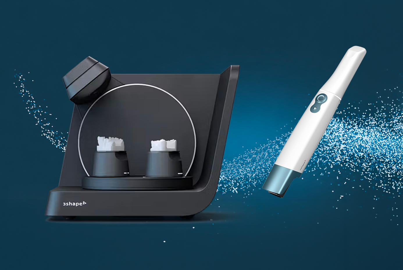 scanner da banco e scanner intraorale con sfondo blu e scia di particelle luminose
