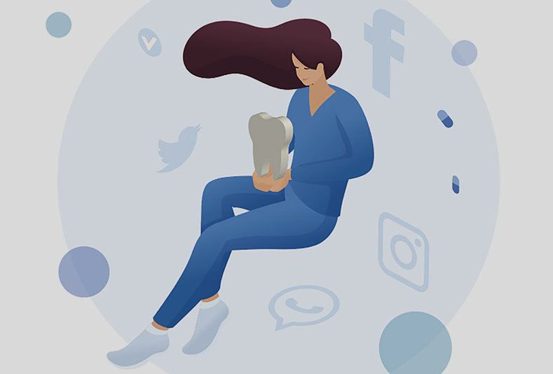 Illustrazione di una dentista tra le icone social
