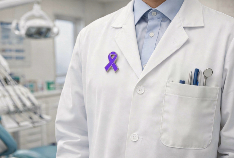 camice di medico in studio dentistico con focus sulla spilla con il fiocco viola simbolo della lotta contro il cancro
