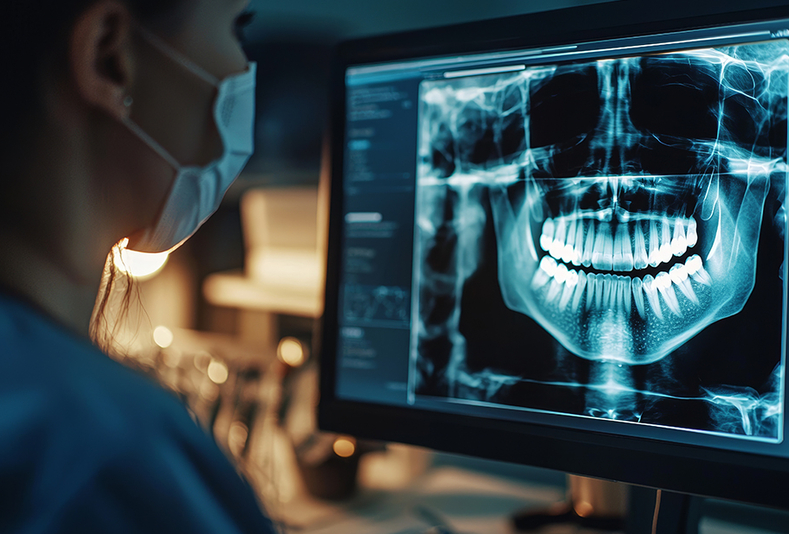 Medico con mascherina al pc che osserva esame radiografico