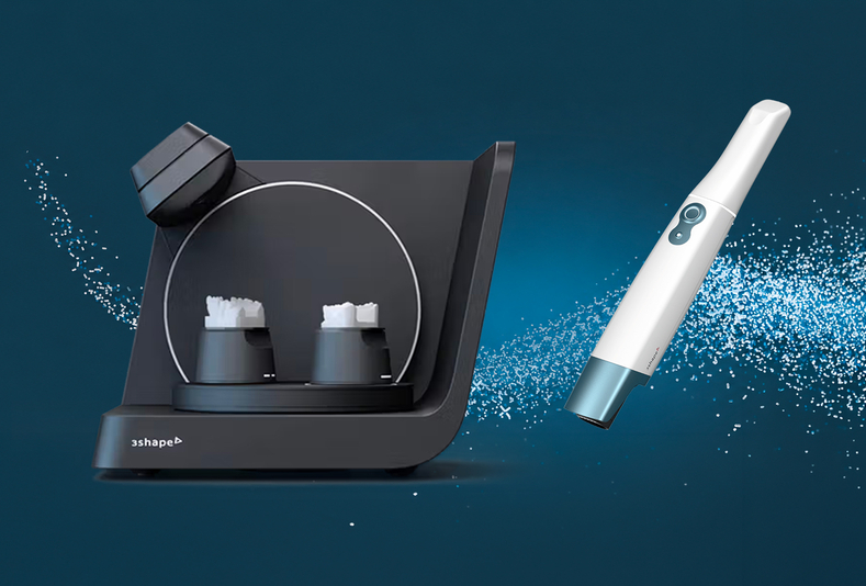scanner da banco e scanner intraorale con sfondo blu e scia di particelle luminose