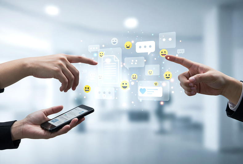 due mani toccano con le dita elementi digitali