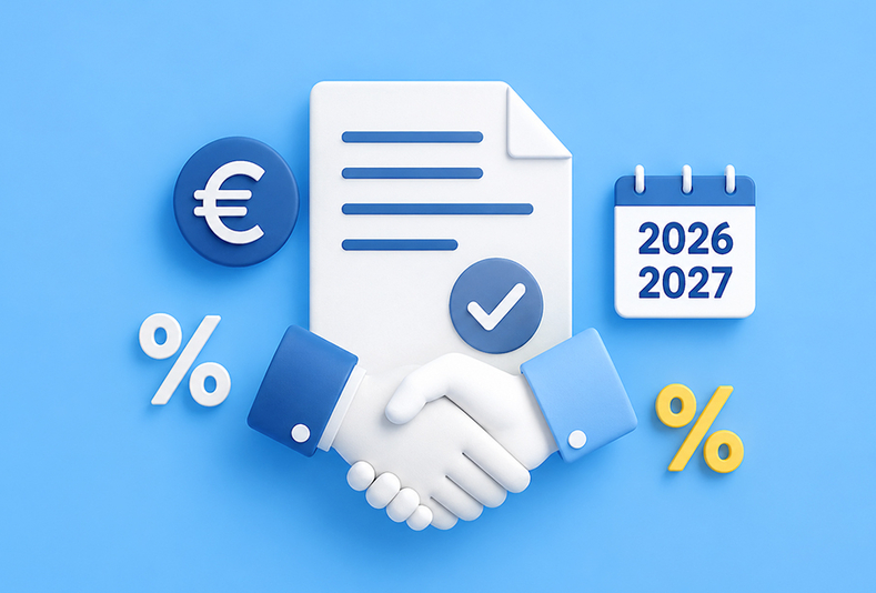 illustrazione di stretta di mano con documento sullo sfondo e calendario