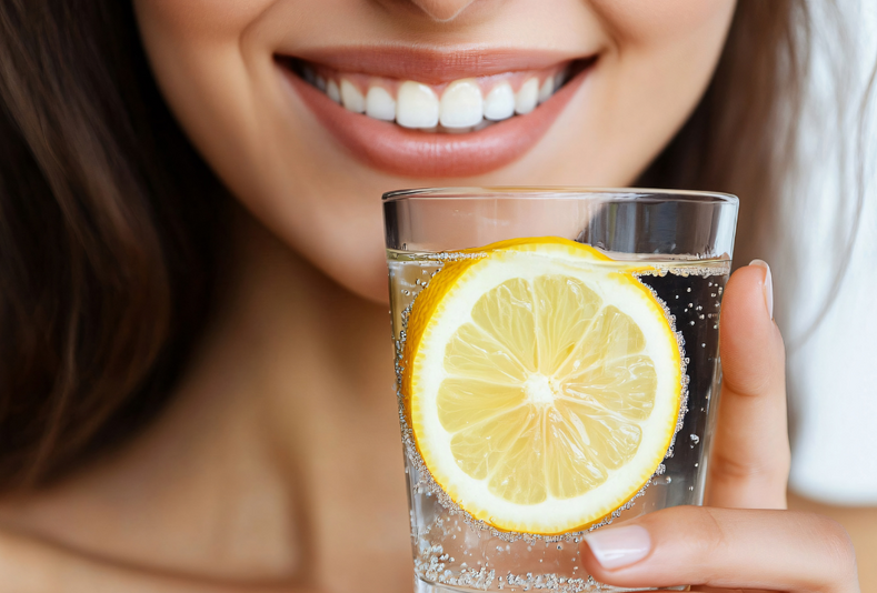 Primo piano su bocca di donna che beve bevanda gassata con limone
