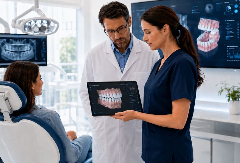 medici che mostrano a paziente risultato da un tablet