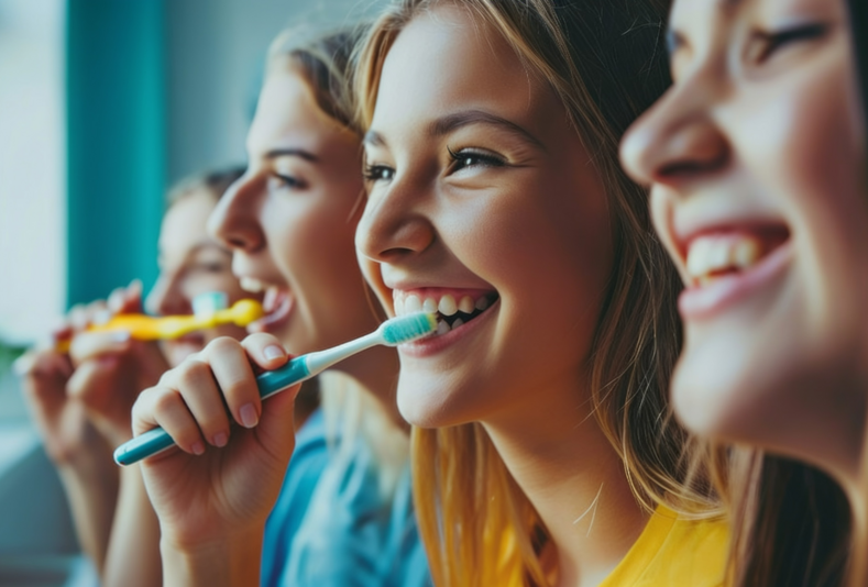Adolescenti che si lavano i denti con lo spazzolino