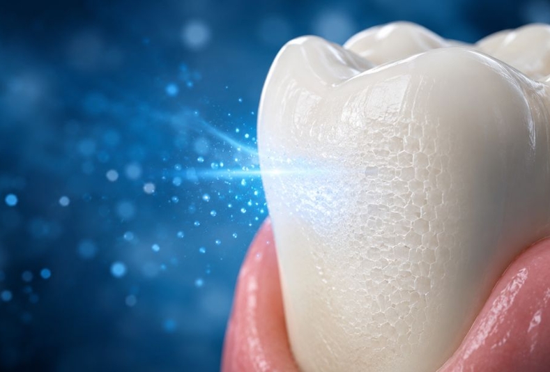 primo piano di dente con scintilla blu