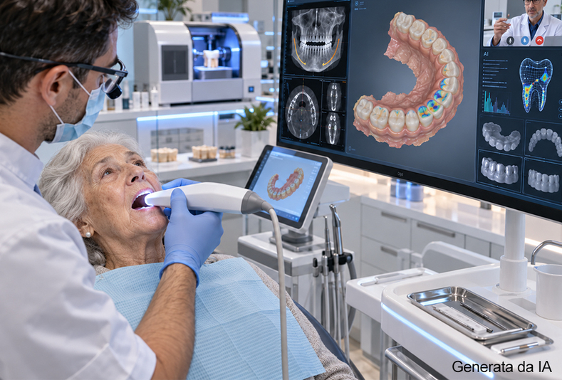 Anziana dal dentista che effettua scansione intraorale