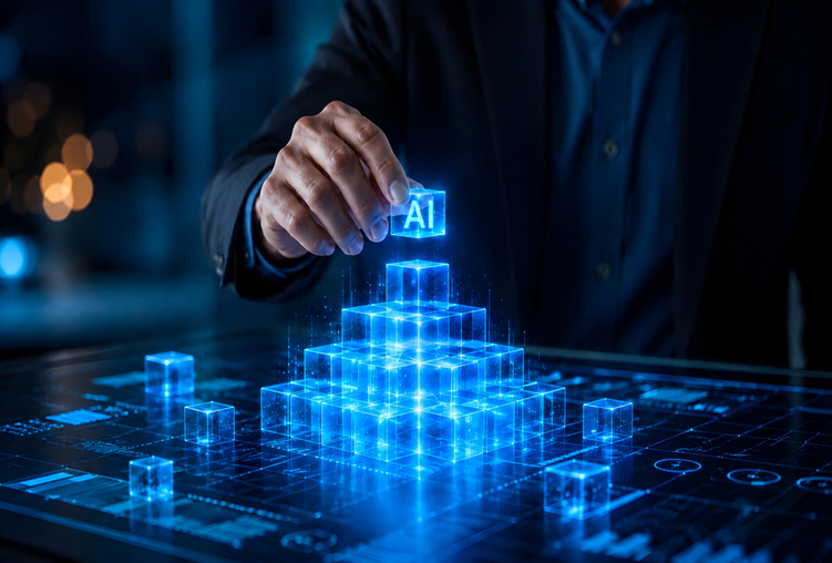 cubi digitali con AI e mano che li posiziona come piramide