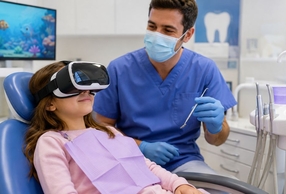 bambina con visore VR in studio odontoiatrico con medico