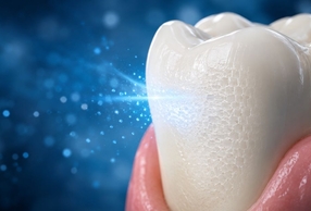 primo piano di dente con scintilla blu