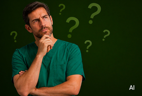 professionista con aria dubbiosa e punti interrogativi