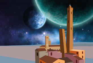 Illustrazione di Bologna con galassia 