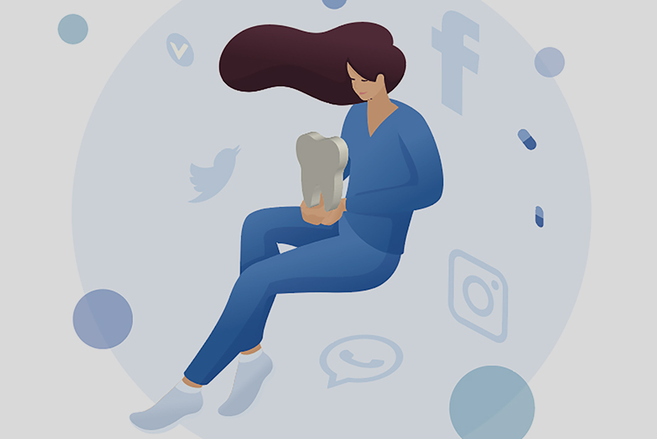 Il Marketing digitale è necessario per i dentisti? Illustrazione di una dentista tra le icone social