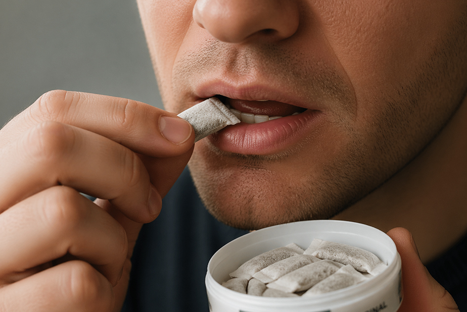 L'impatto del tabacco senza fumo svedese sulla salute orale Uomo mastica nicotina