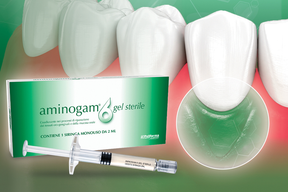 confezione e siringa di aminogam 6 gel sterile con l'illustrazione della sua azione sulle gengive