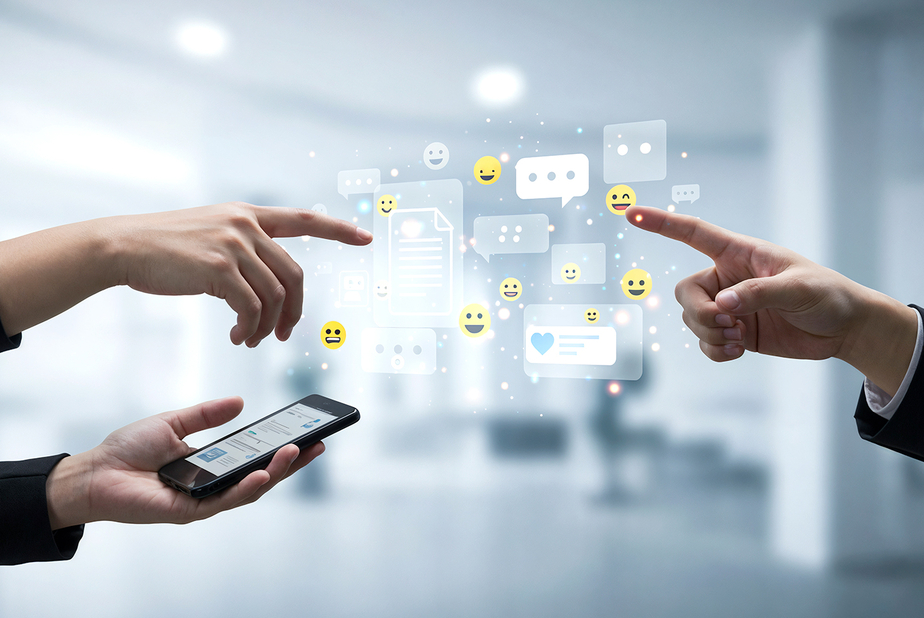 due mani toccano con le dita elementi digitali