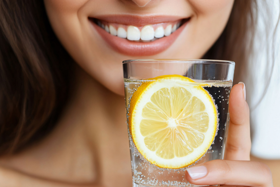 Primo piano su bocca di donna che beve bevanda gassata con limone