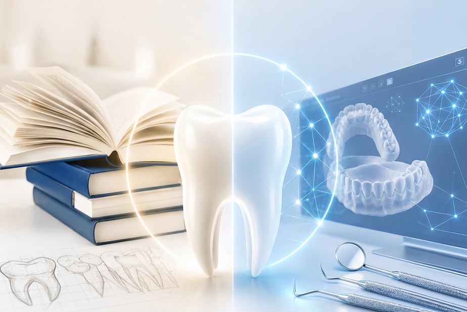Dente con libro e modello 3D su monitor di un computer