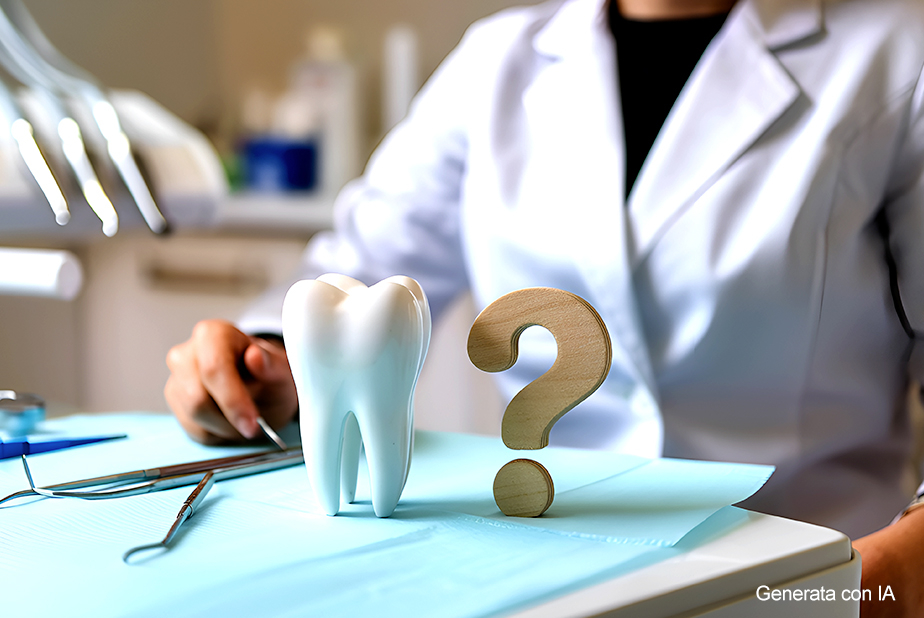 Gli errori fiscali che i dentisti continuano a fare primo piano di mani di un medico con modellino di dente e punto interrogativo