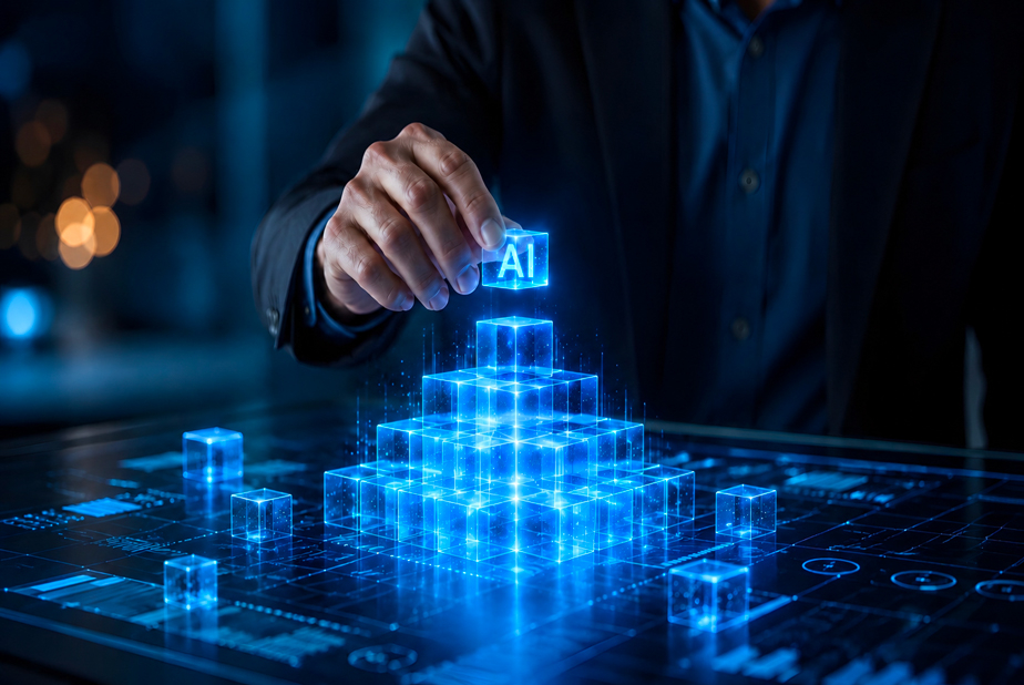 cubi digitali con AI e mano che li posiziona come piramide
